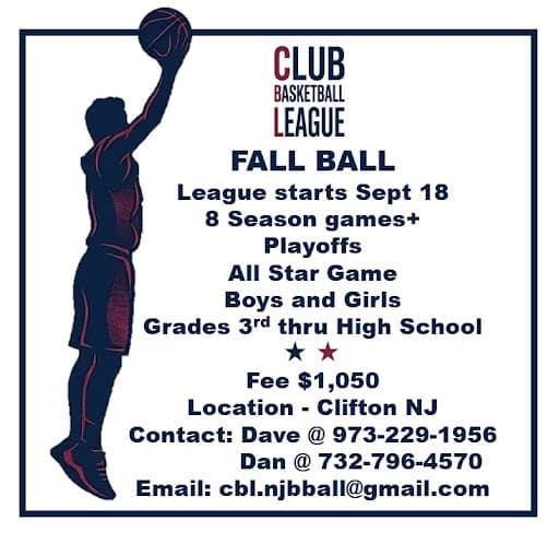 Club Basketball League Fall 2026 flyer: league starts September 18 in Clifton, New Jersey. 8 season games, playoffs and an All-Star Game for boys and girls, 3rd grade through high school. Team fee $1,050.